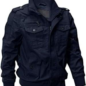 EKLENTSON Men's Cotton Lightweight Multi Pockets Zip Stand Collar Blue Medium